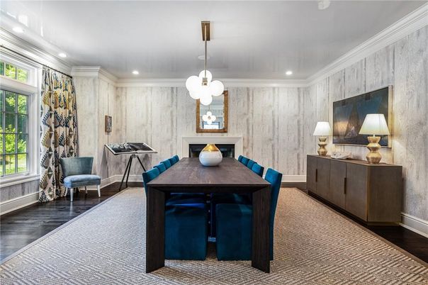 Dining room, Fireplace, Interior, Pendant Lights, Recessed Lighting, Wood Texture Flooring