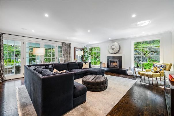 Fireplace, Interior, Living room, Recessed Lighting, Wood Texture Flooring