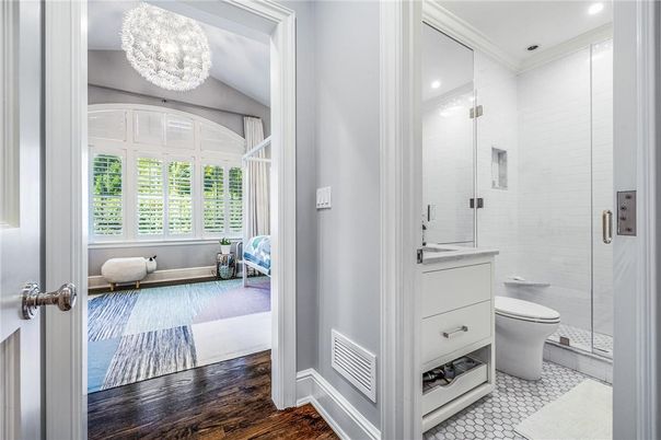 Bathroom, Chandelier, Glass Shower, Interior, Recessed Lighting, Wood Texture Flooring