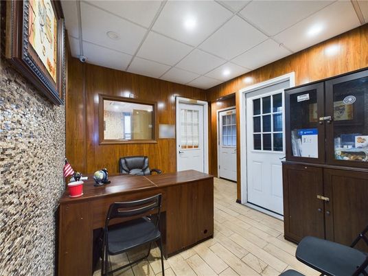 Home Office, Interior, Recessed Lighting, Wood Texture Flooring, Wooden Walls