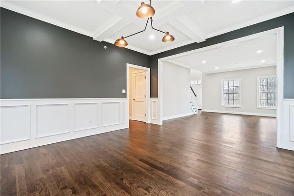 Empty room, Interior, Pendant Lights, Recessed Lighting, Wood Texture Flooring