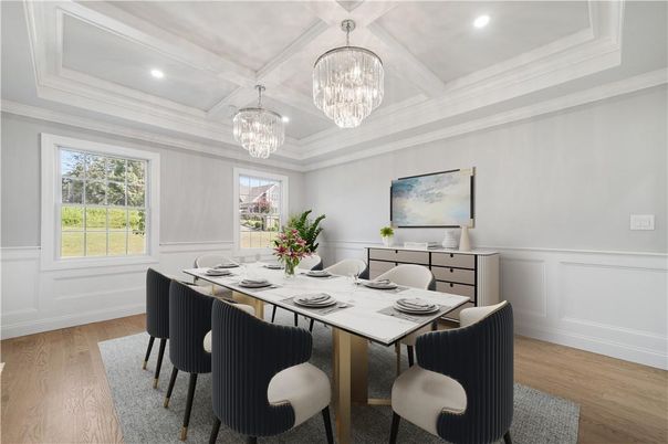 Chandelier, Dining room, Interior, Recessed Lighting, Wood Texture Flooring