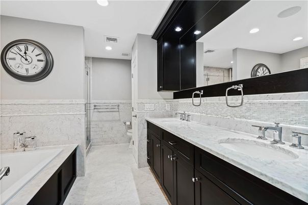 Bathroom, Dual Sink Vanities, Glass Shower, Interior, Marble, Recessed Lighting