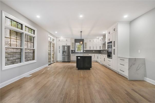 Interior, Kitchen, Pendant Lights, Recessed Lighting, Stainless Steel Appliances, Wood Texture Flooring