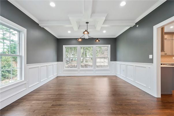 Empty room, Interior, Pendant Lights, Recessed Lighting, Wood Texture Flooring