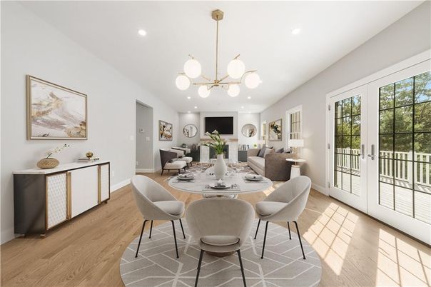 Dining room, Interior, Living room, Pendant Lights, Recessed Lighting, Wood Texture Flooring