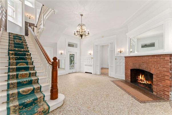 Chandelier, Fireplace, Interior