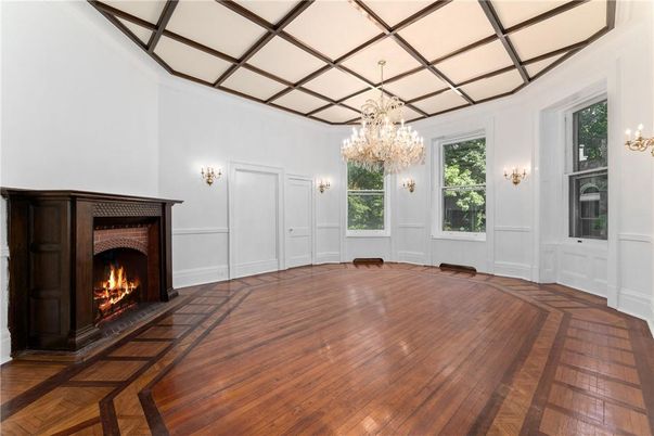 Chandelier, Empty room, Fireplace, Interior, Wood Texture Flooring