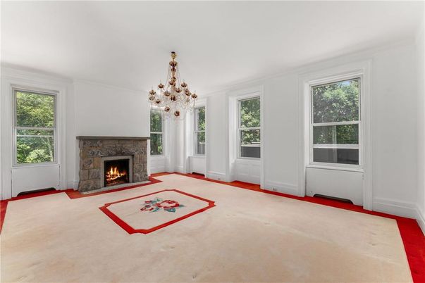 Chandelier, Empty room, Fireplace, Interior