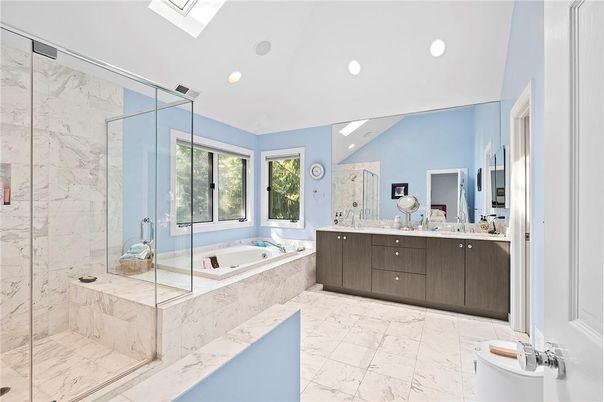 Bathroom, Dual Sink Vanities, Glass Shower, Interior, Marble, Marble Walls, Recessed Lighting