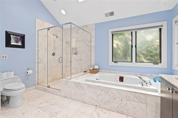 Bathroom, Glass Shower, Interior, Marble, Marble Walls, Recessed Lighting