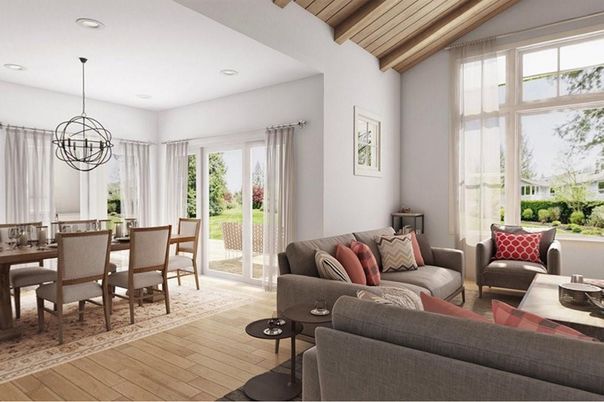 Dining room, Interior, Living room, Pendant Lights, Recessed Lighting, Wooden Beams, Wooden Ceilings, Wood Texture Flooring
