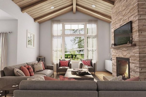 Fireplace, Interior, Living room, Recessed Lighting, Stone Walls, Wooden Beams, Wooden Ceilings, Wood Texture Flooring