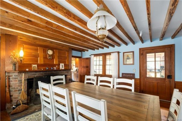 Dining room, Fireplace, Interior, Wooden Beams, Wooden Walls