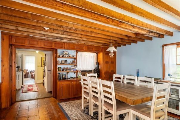 Dining room, Interior, Pendant Lights, Wooden Beams, Wood Texture Flooring