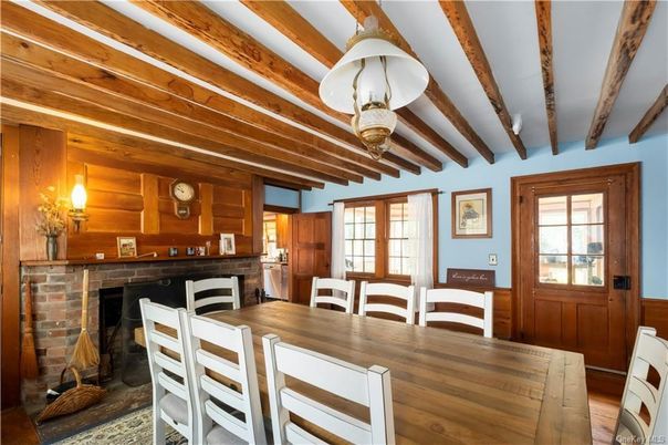 Dining room, Fireplace, Interior, Wooden Beams, Wooden Walls