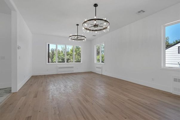 Chandelier, Empty room, Interior, Pendant Lights, Wood Texture Flooring