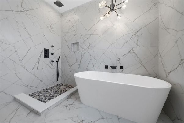 Bathroom, Free Standing Baths, Interior, Marble, Marble Walls, Pendant Lights