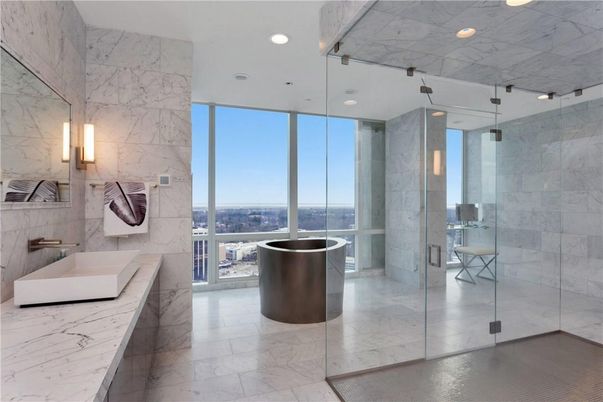 Bathroom, Dual Sink Vanities, Free Standing Baths, Glass Shower, Interior, Marble, Marble Walls, Recessed Lighting