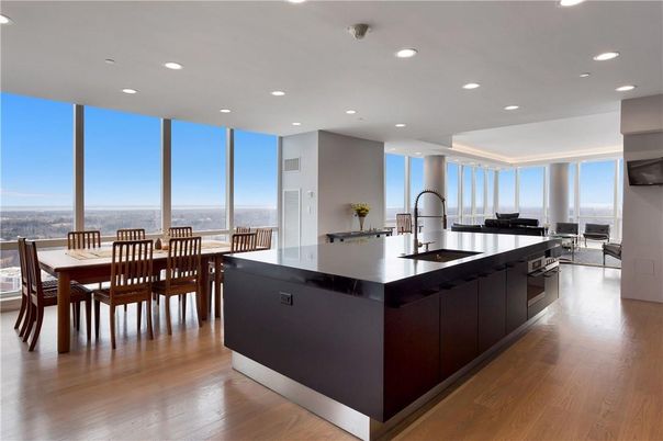 Dining room, Interior, Kitchen, Recessed Lighting, Stainless Steel Appliances, Wood Texture Flooring