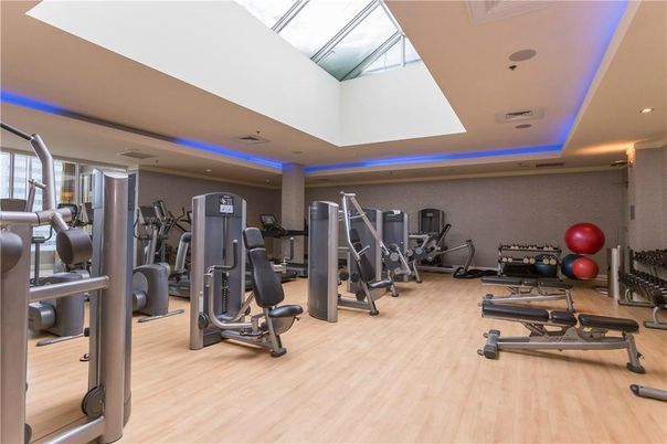 Fitness Equipment, Gym, Interior, Recessed Lighting, Wood Texture Flooring