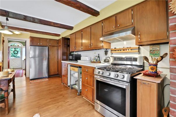 Interior, Kitchen, Pendant Lights, Stainless Steel Appliances, Wooden Beams, Wood Texture Flooring