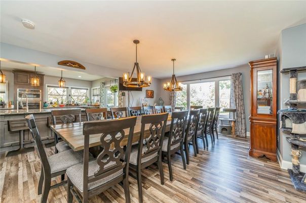 Chandelier, Dining room, Interior, Pendant Lights, Recessed Lighting, Wood Texture Flooring