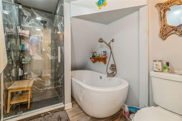 Bathroom, Free Standing Baths, Glass Shower, Interior, Wood Texture Flooring