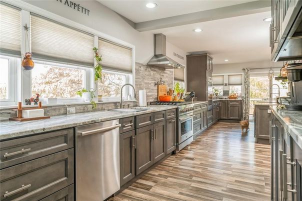Interior, Kitchen, Recessed Lighting, Stainless Steel Appliances, Wood Texture Flooring