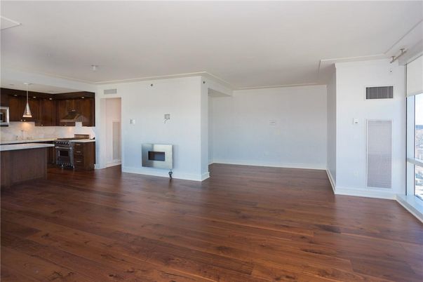 Empty room, Interior, Kitchen, Pendant Lights, Wood Texture Flooring