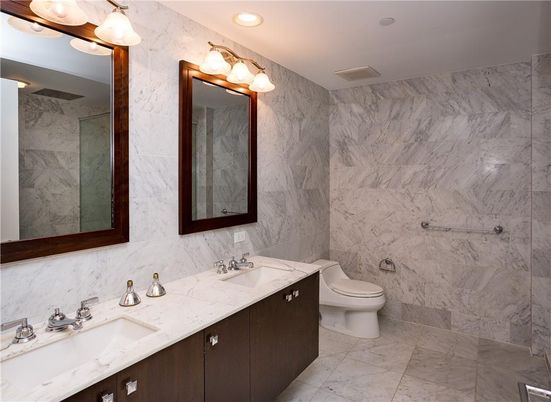Bathroom, Dual Sink Vanities, Interior, Marble, Marble Walls, Recessed Lighting