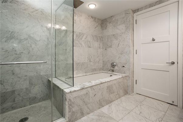 Bathroom, Glass Shower, Interior, Marble, Marble Walls, Recessed Lighting