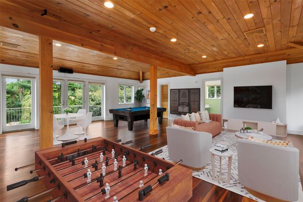 Billiard Table, Game Room, Interior, Living room, Recessed Lighting, Wooden Ceilings, Wood Texture Flooring