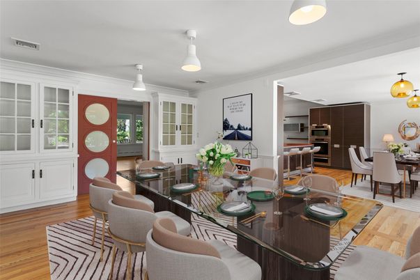 Dining room, Interior, Kitchen, Stainless Steel Appliances, Wood Texture Flooring