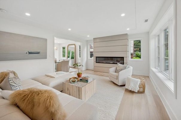 Fireplace, Interior, Living room, Recessed Lighting, Wood Texture Flooring
