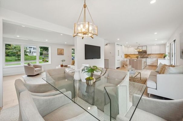 Dining room, Interior, Kitchen, Living room, Pendant Lights, Recessed Lighting, Stainless Steel Appliances, Wood Texture Flooring