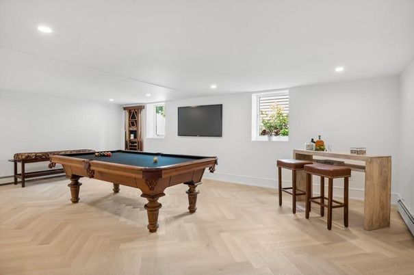 Billiard Table, Game Room, Interior, Recessed Lighting, Wood Texture Flooring