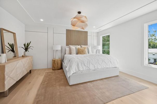 Bedroom, Interior, Recessed Lighting, Wood Texture Flooring