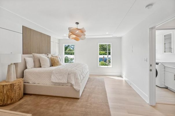 Bedroom, Interior, Pendant Lights, Recessed Lighting, Wood Texture Flooring