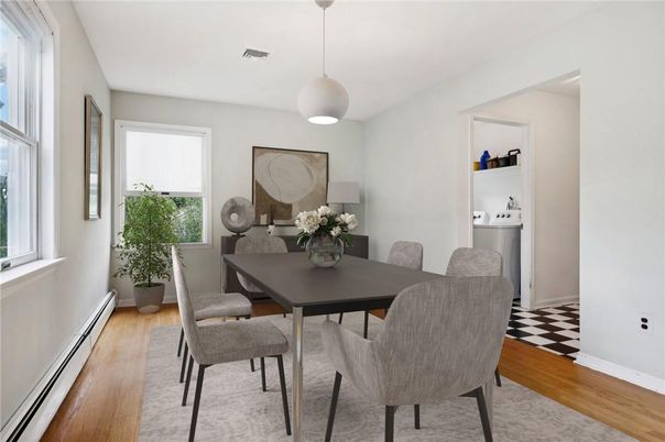 Dining room, Interior, Pendant Lights, Wood Texture Flooring