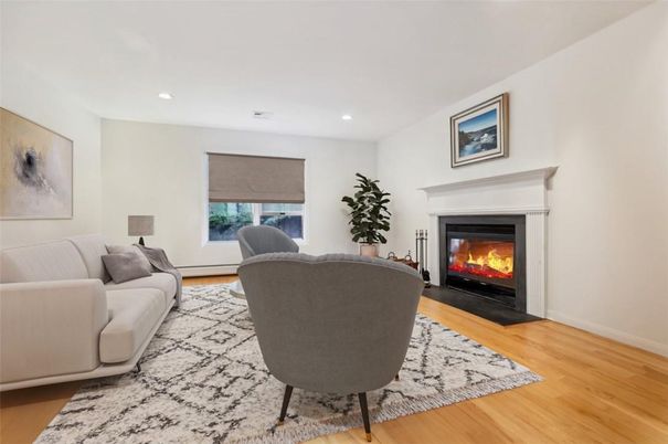 Fireplace, Interior, Living room, Recessed Lighting, Wood Texture Flooring