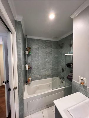 Bathroom, Glass Shower, Interior, Marble Walls, Recessed Lighting