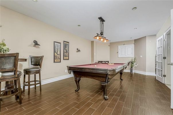 Billiard Table, Game Room, Interior, Pendant Lights, Recessed Lighting, Wood Texture Flooring
