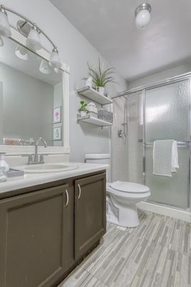 Bathroom, Glass Shower, Interior, Wood Texture Flooring