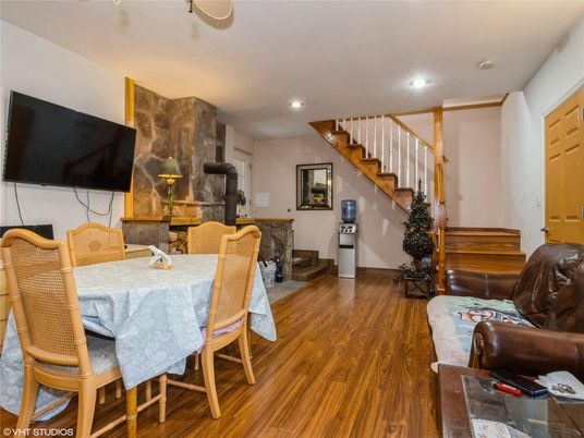 Dining room, Fireplace, Interior, Recessed Lighting, Wood Texture Flooring