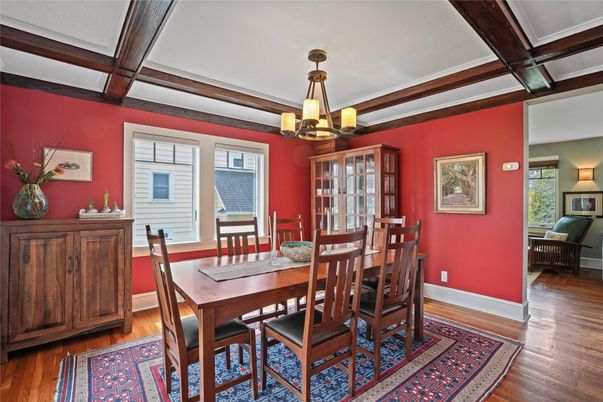 Chandelier, Dining room, Interior, Wooden Beams, Wood Texture Flooring