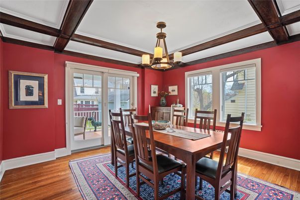 Chandelier, Dining room, Interior, Wooden Beams, Wood Texture Flooring