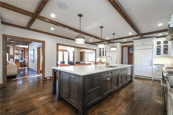 Interior, Kitchen, Pendant Lights, Recessed Lighting, Stainless Steel Appliances, Wooden Beams, Wood Texture Flooring