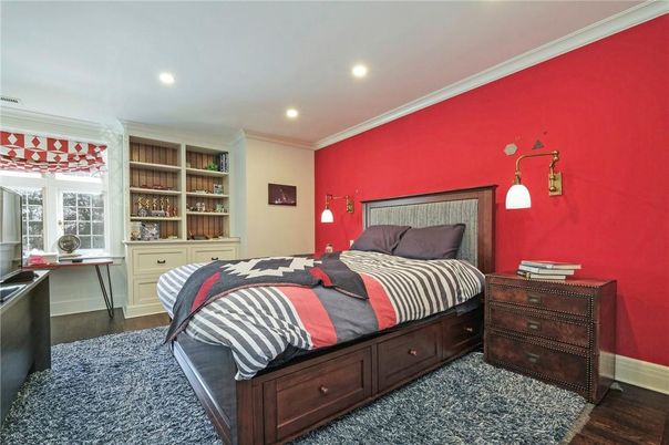 Bedroom, Interior, Pendant Lights, Recessed Lighting, Wood Texture Flooring
