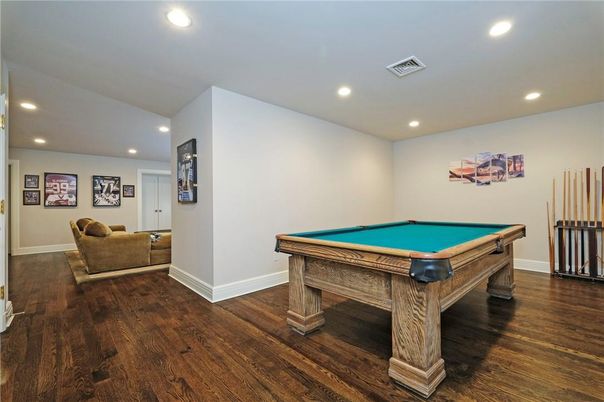 Billiard Table, Game Room, Interior, Recessed Lighting, Wood Texture Flooring
